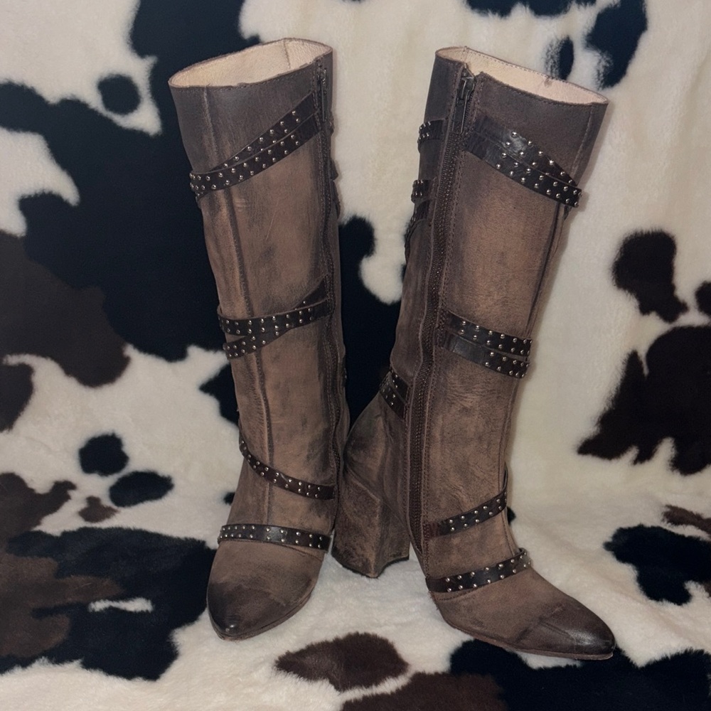 Studded Leather Heeled Boots